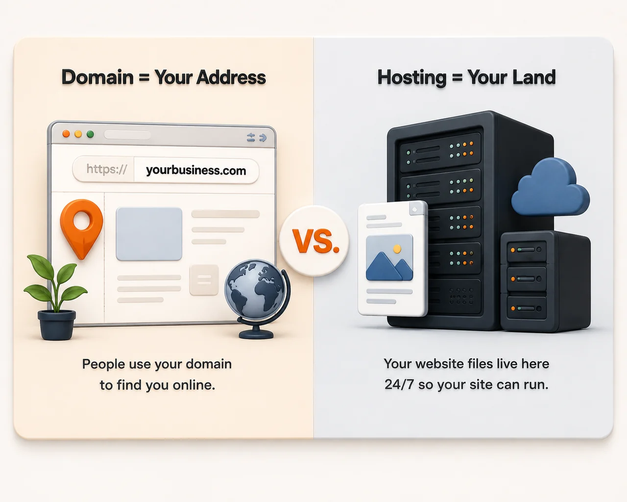 Domain vs hosting: what's the difference? — illustration