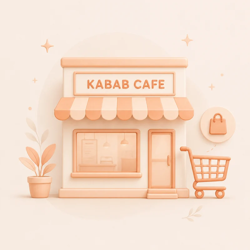The Kabab Cafe storefront with a shopping cart and bag &mdash; the in-store market becoming a Shopify shop.