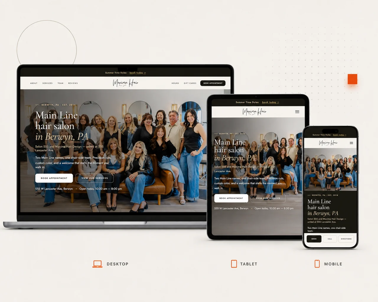 The Maxima Hair website shown on a laptop, tablet and phone &mdash; the same site laid out for each screen.