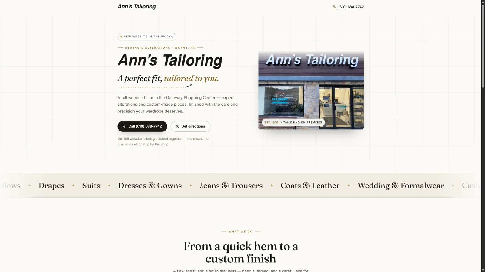 The Ann's Tailoring landing page, live at annstailoring.com