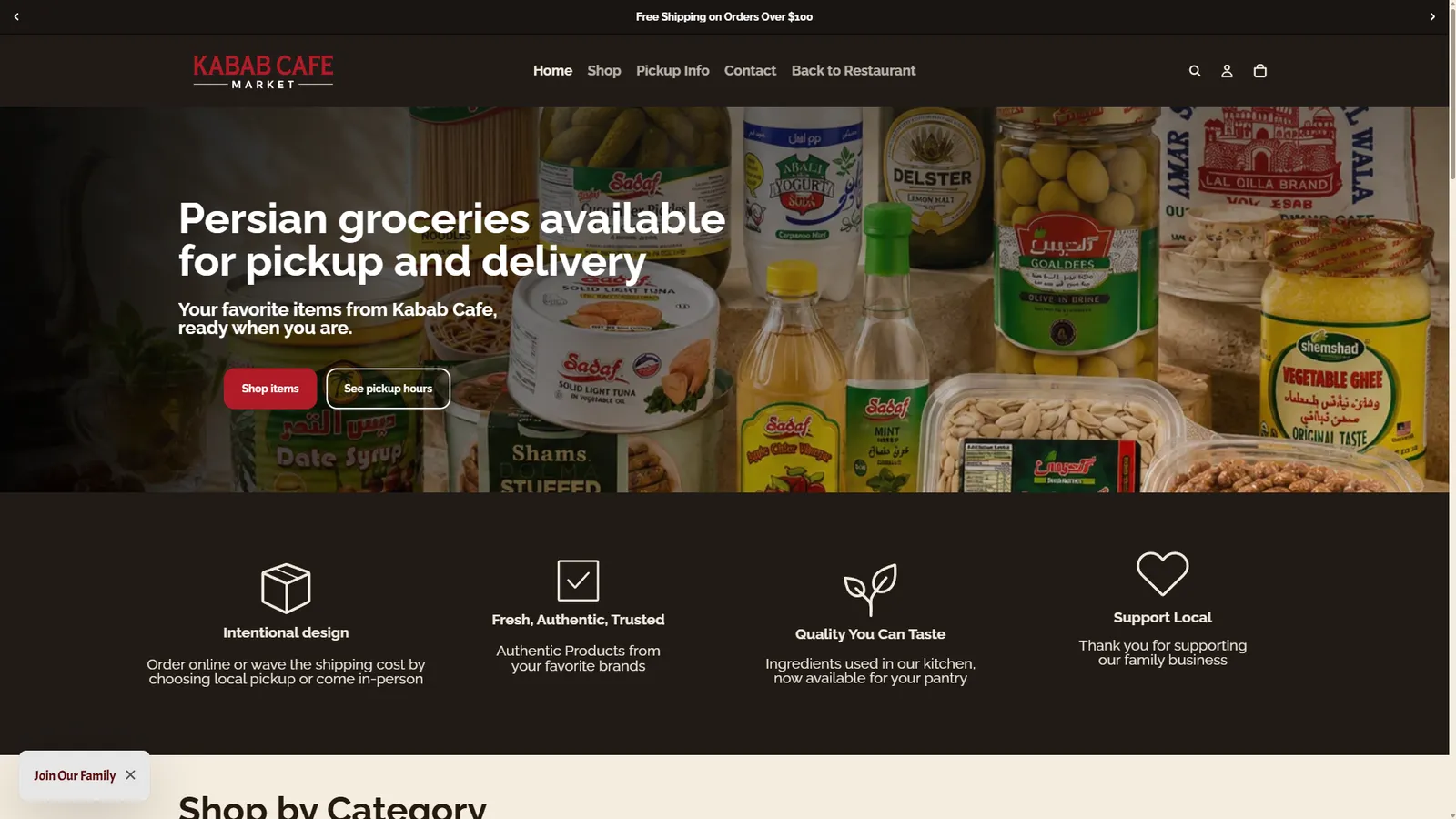 The Kabab Cafe Market Shopify storefront, styled to match the restaurant